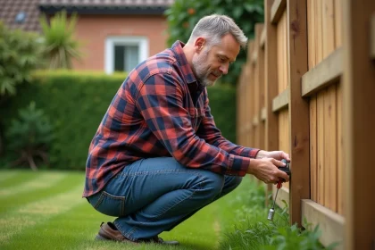 Homme d'âge moyen fixant une serrure sur une clôture de jardin