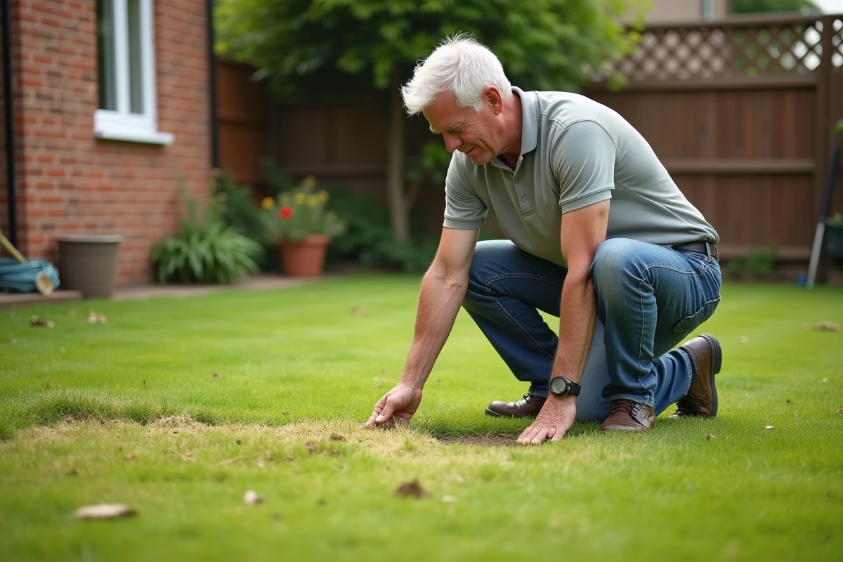 Homme inspectant une pelouse sèche dans son jardin privé