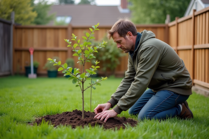 Homme mesurant la distance entre un jeune arbre et une clôture en bois
