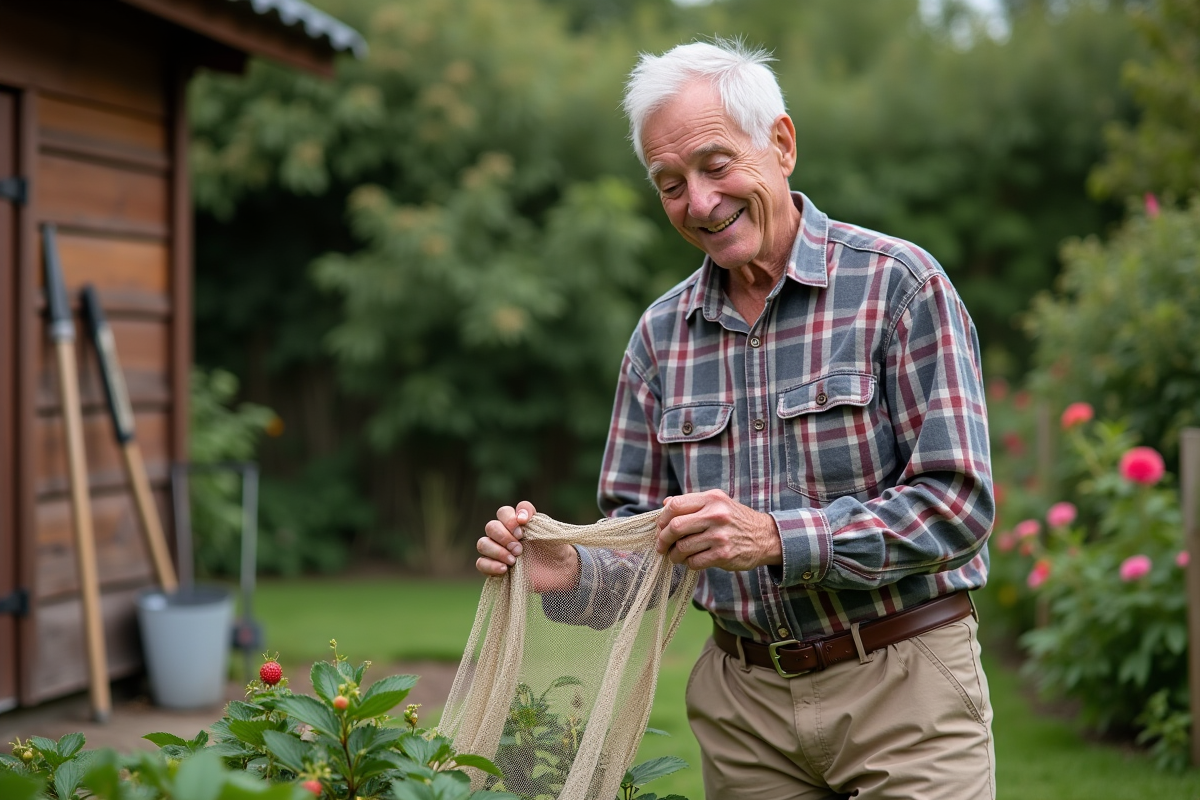 Homme vérifiant un filet de jardin sur des fraises