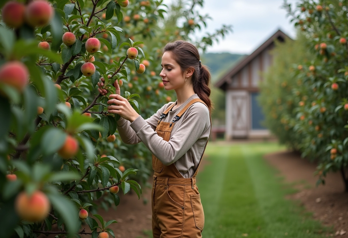 Jeune femme inspectant branches de peche dans verger permaculture