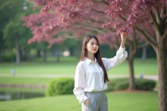 Jeune femme touchant un arbre aux feuilles roses dans un parc