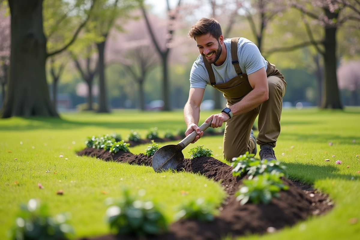 Jeune homme marquant une bordure de fleurs dans un parc public