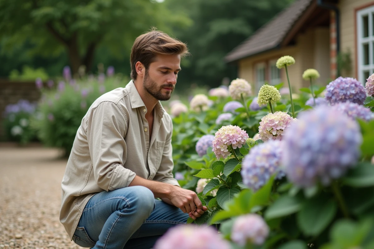 Jeune homme taille des hortensias dans un jardin en plein air