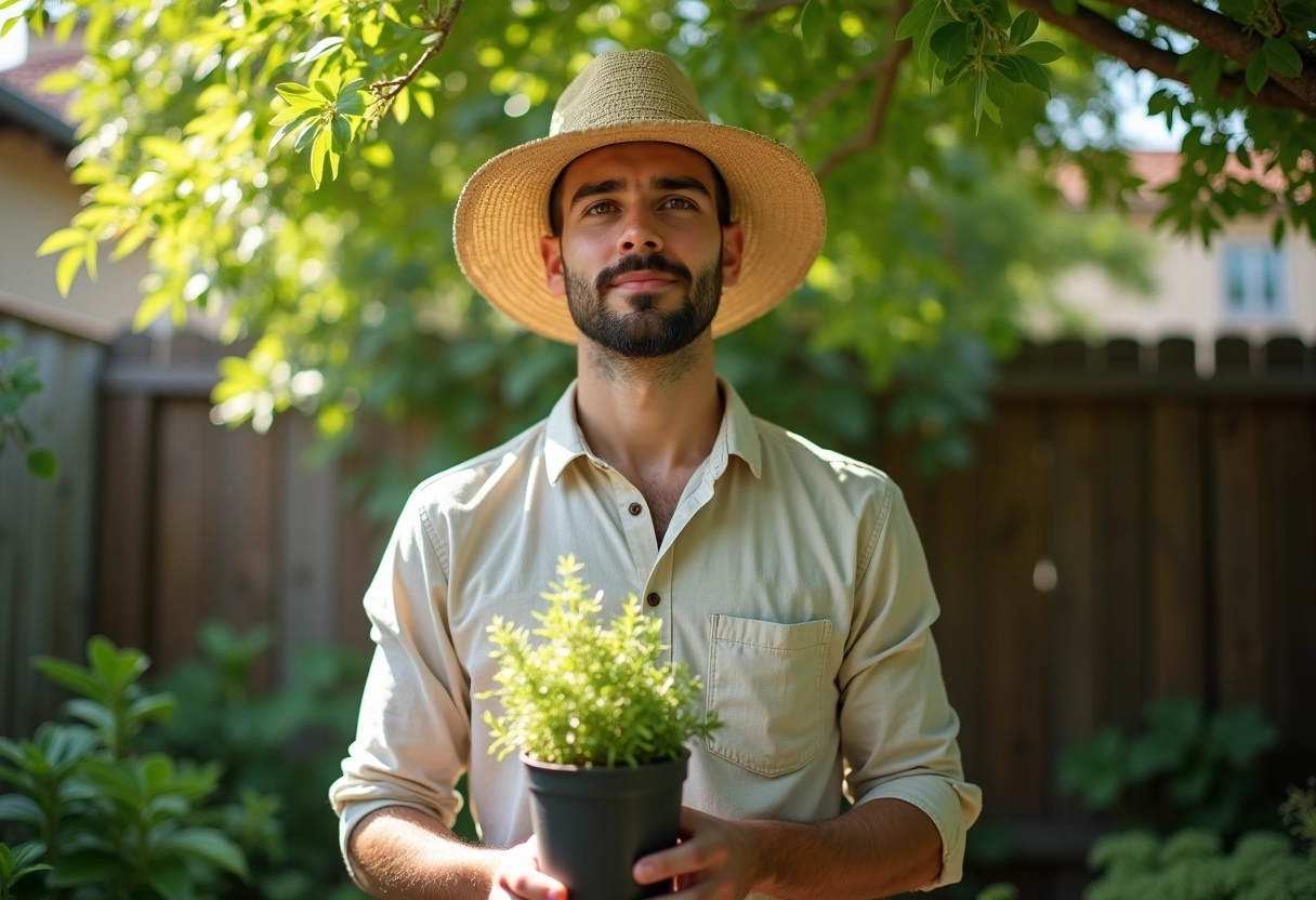 Jeune homme avec un pot de thym dans le jardin