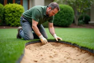 Homme en plein travail posant du gazon artificiel