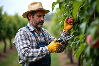 Homme middleaged taillant un arbre peche dans un vignoble