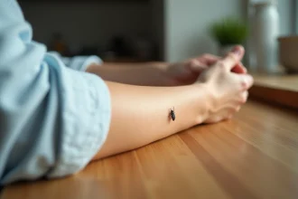 Bras d'une femme avec insecte sur la peau dans une cuisine lumineuse