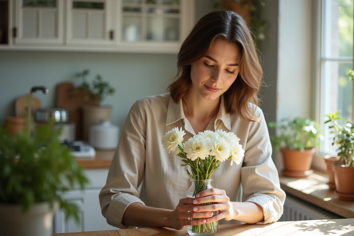 Femme arrangeant lisianthus dans une cuisine lumineuse