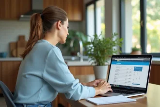 Femme concentrée utilisant une calculatrice en cuisine