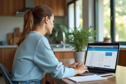 Femme concentrée utilisant une calculatrice en cuisine