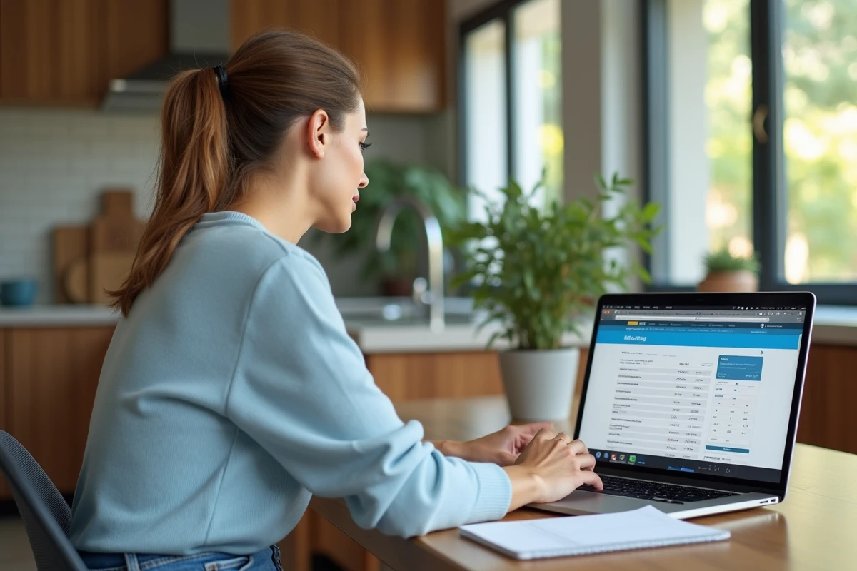 Femme concentrée utilisant une calculatrice en cuisine