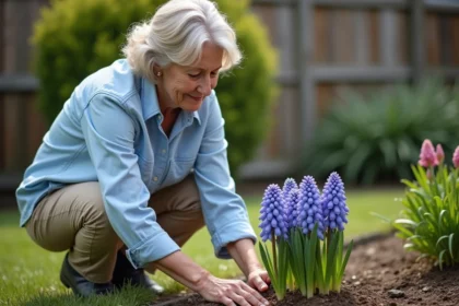 Femme en jardinage près d hyacinths en fleurs