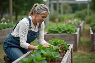 Femme en overalls inspectant des fraisiers dans le jardin