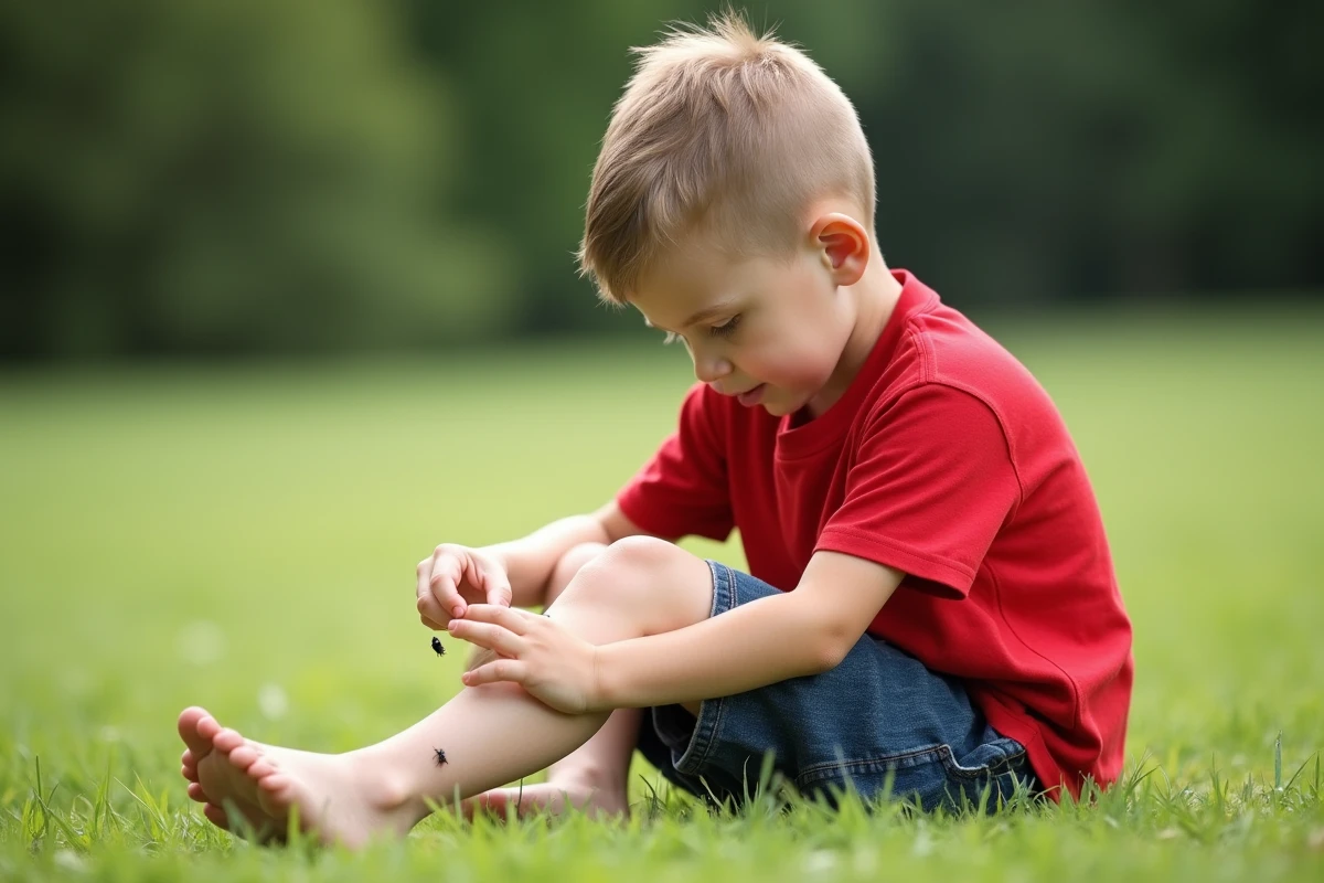 Jeune garçon regardant un insecte sur sa jambe dans un parc