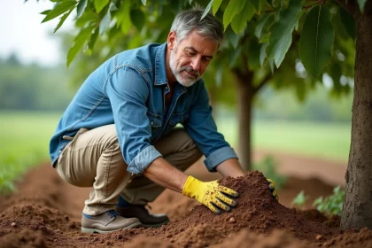 Homme en jardinage naturel autour d'un arbre de goyavier