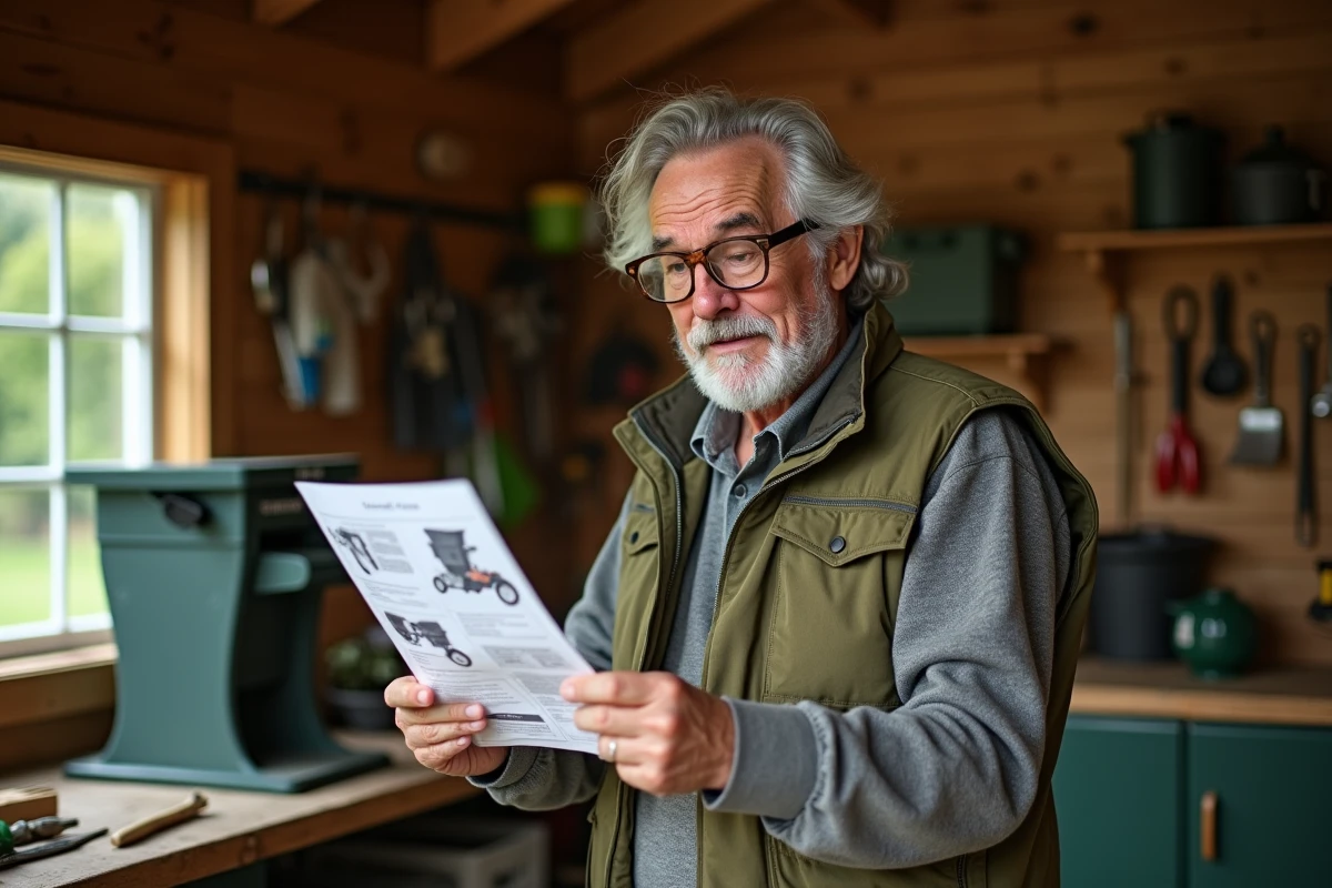 Homme âgé examinant un manuel de broyeur de branches