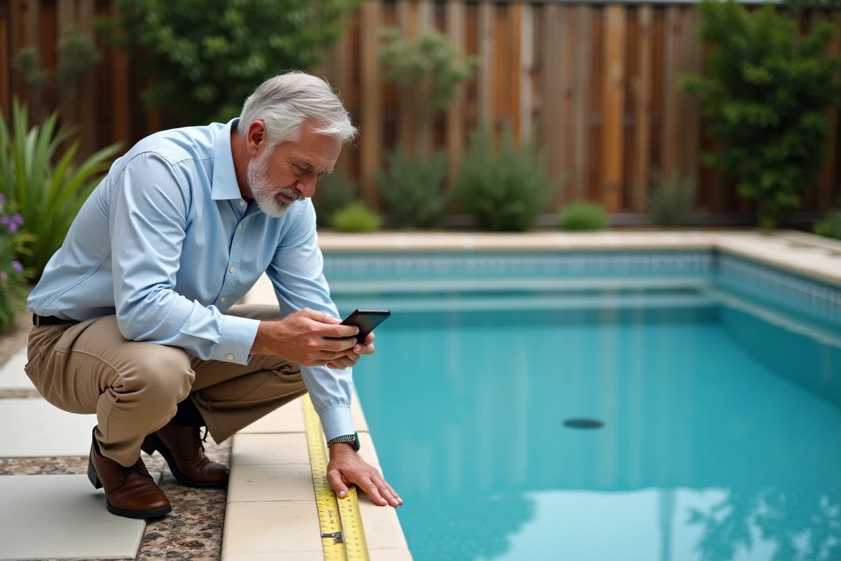 Homme mesurant un bassin de jardin avec un mètre