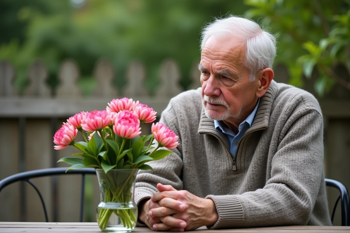 Homme observant lisianthus dans le jardin