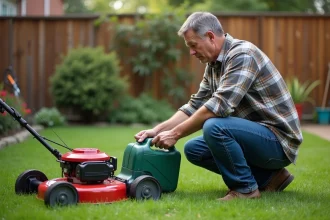 Homme en plaid rempli une tondeuse dans un jardin