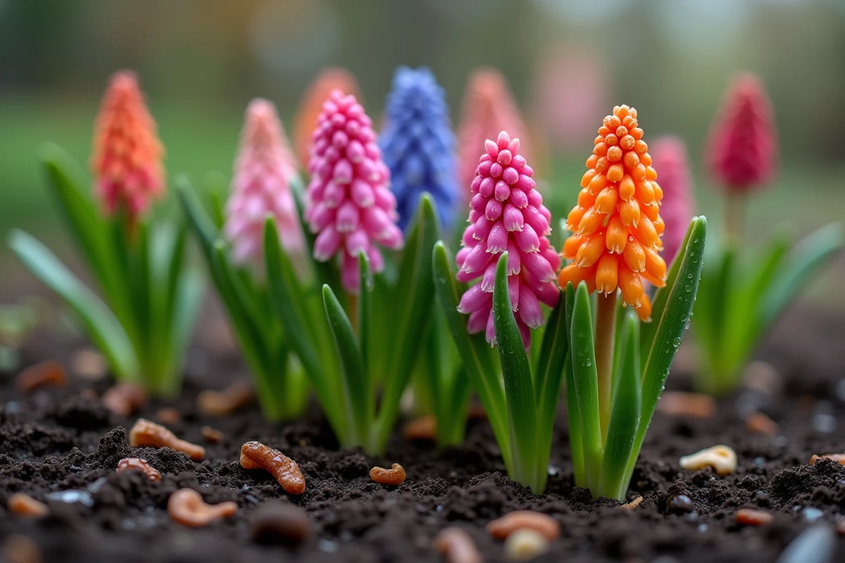 Gros plan sur hyacinths en fleurs dans le jardin