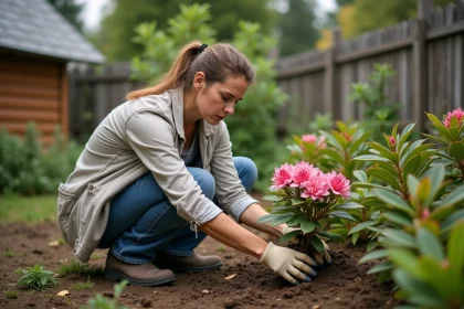 Femme jardinant inspectant un rhododendron en difficulté