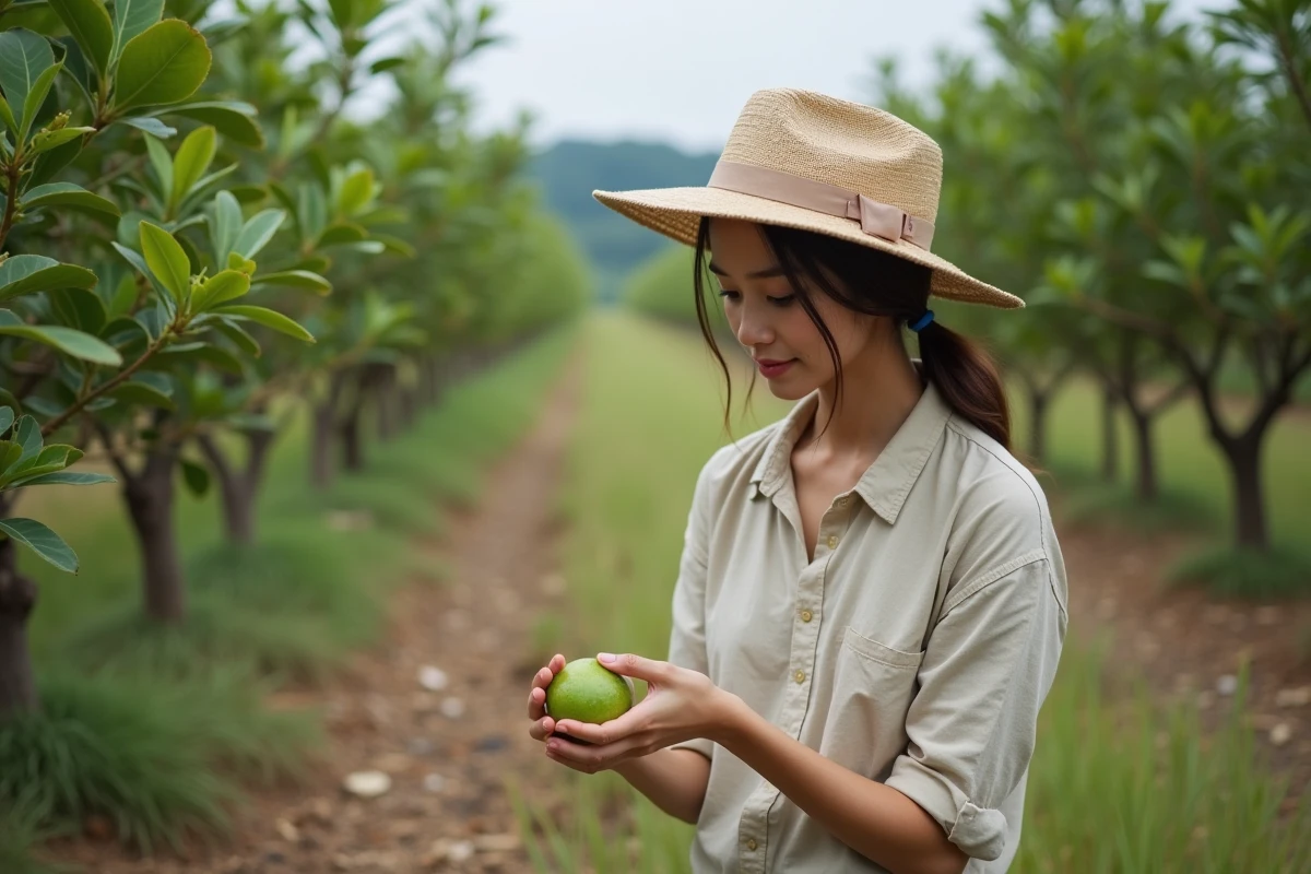 Jeune femme inspectant des fruits de goyavier dans un verger