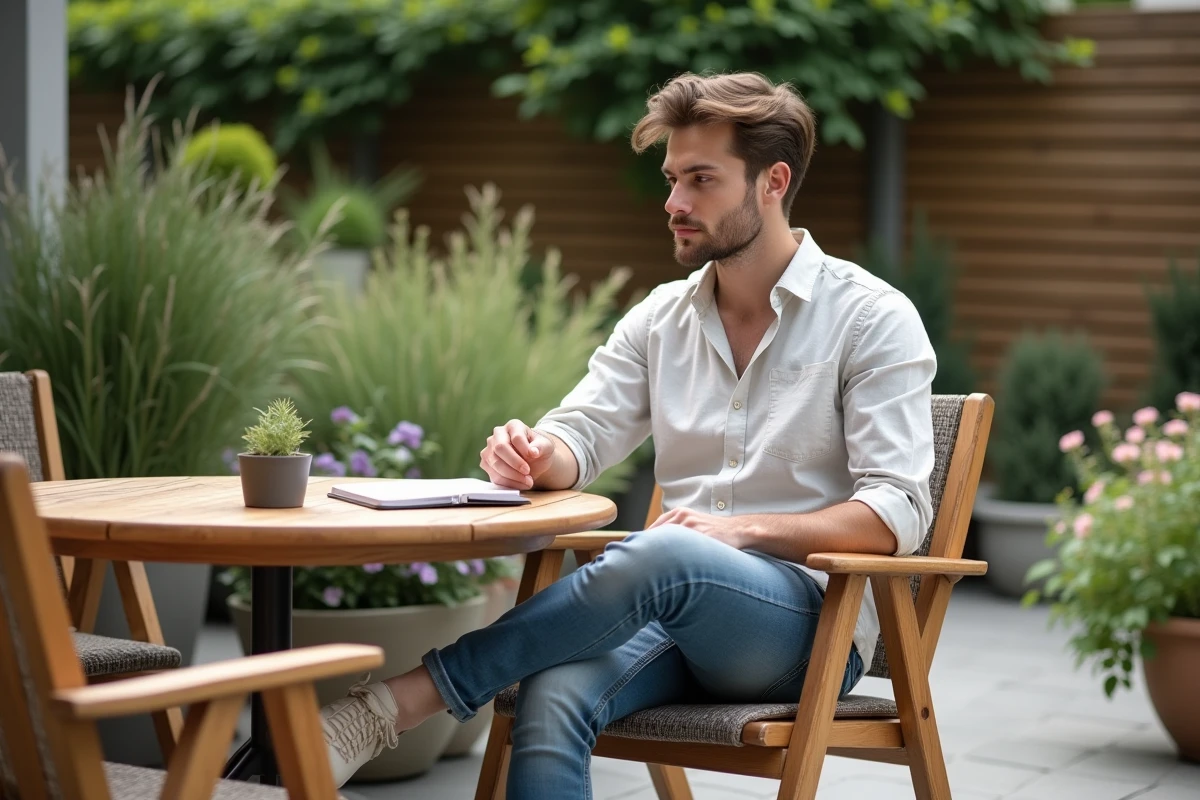 Jeune homme assis dans une chaise en bois lisant un carnet