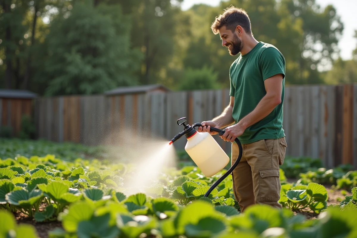 Jeune homme vaporisant une solution sur les fraisiers