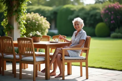 Femme souriante ajustant une chaise en bois dans le jardin