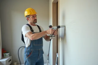 Décorateur en train d'appliquer une finition lisse sur un mur intérieur