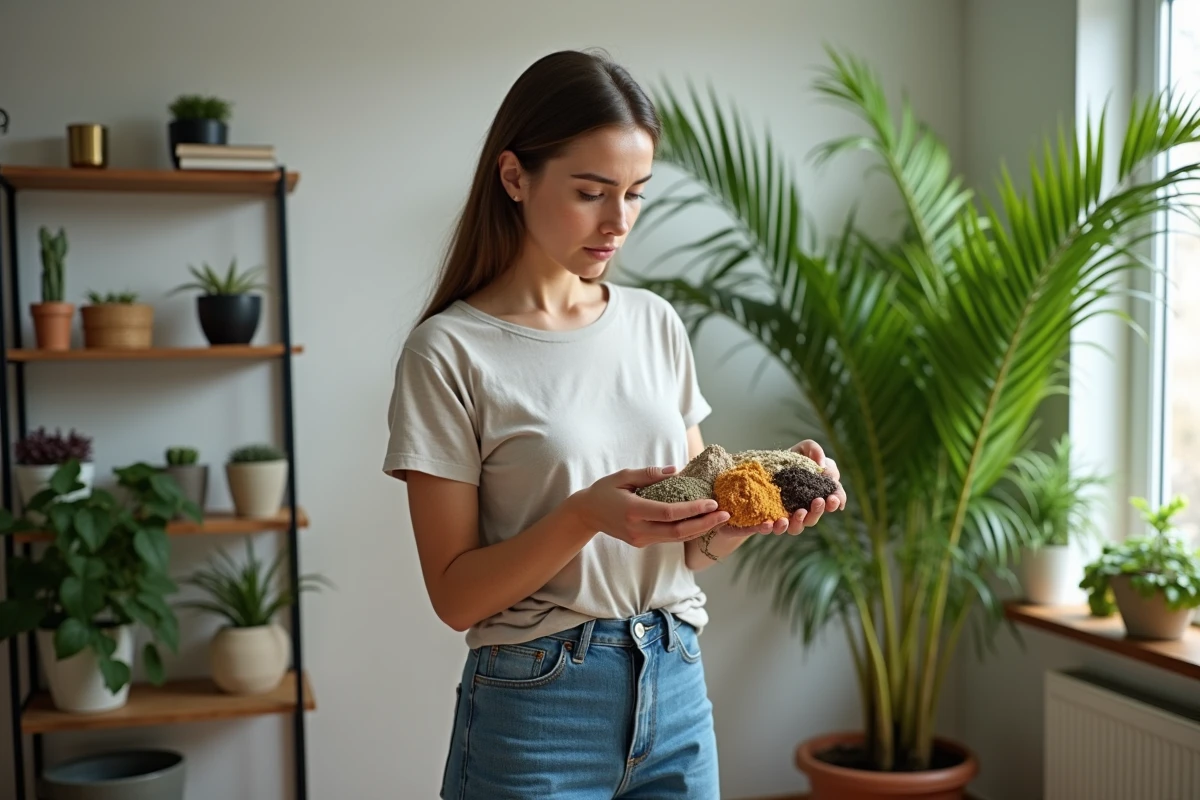 Jeune femme choisissant fertilisants pour palmier en intérieur
