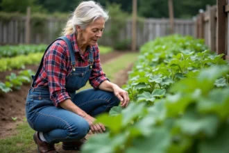 Femme en overalls inspectant ses plants de haricots dans le jardin