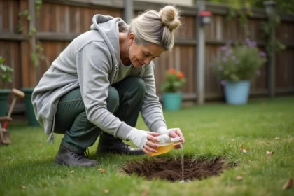 Femme au jardin versant eau sur un nid de guêpes