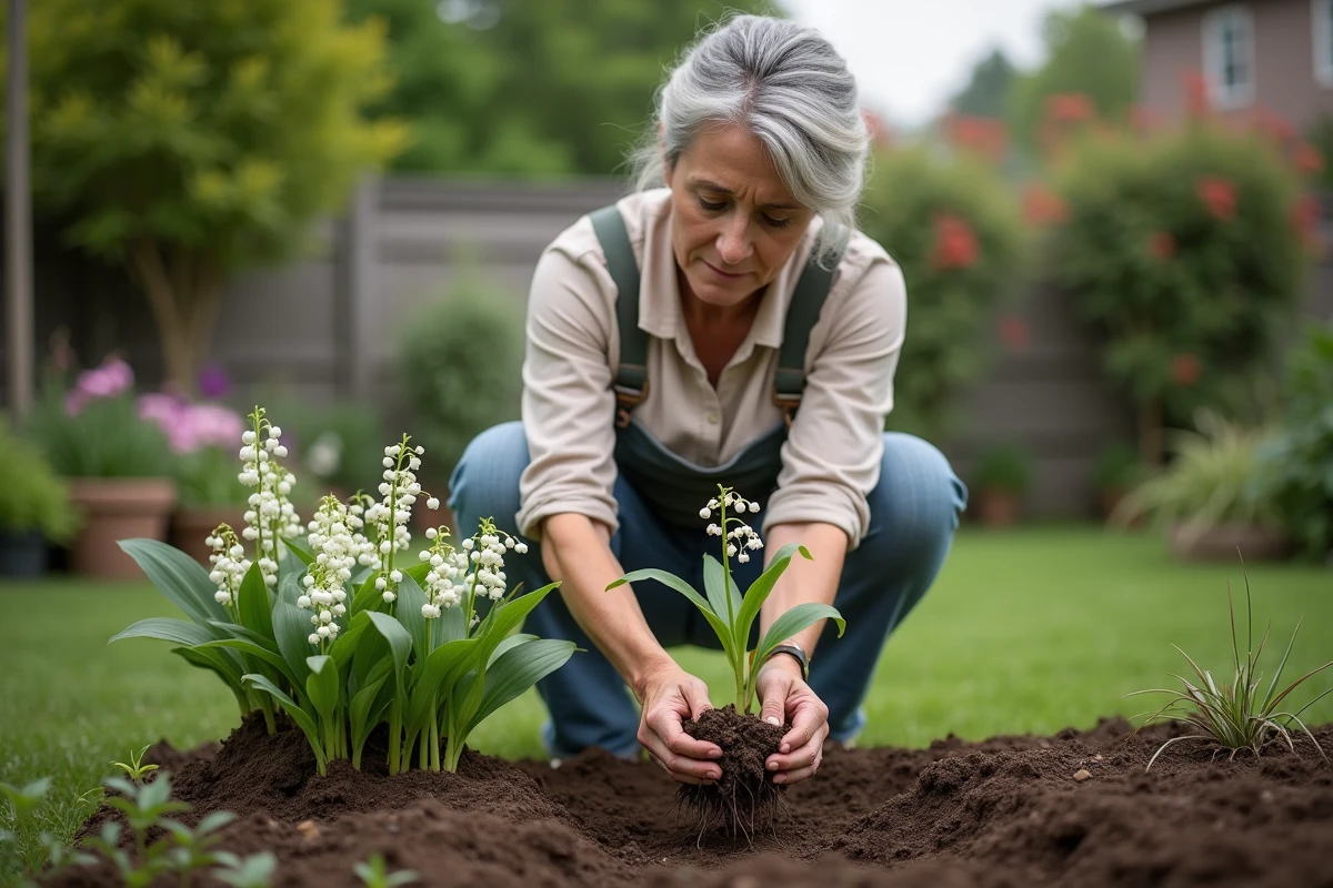 Femme en jardinage tenant un lys des vallées