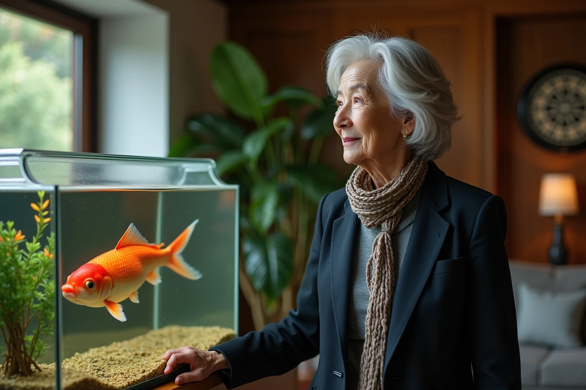Femme âgée regardant un koi dans un aquarium intérieur