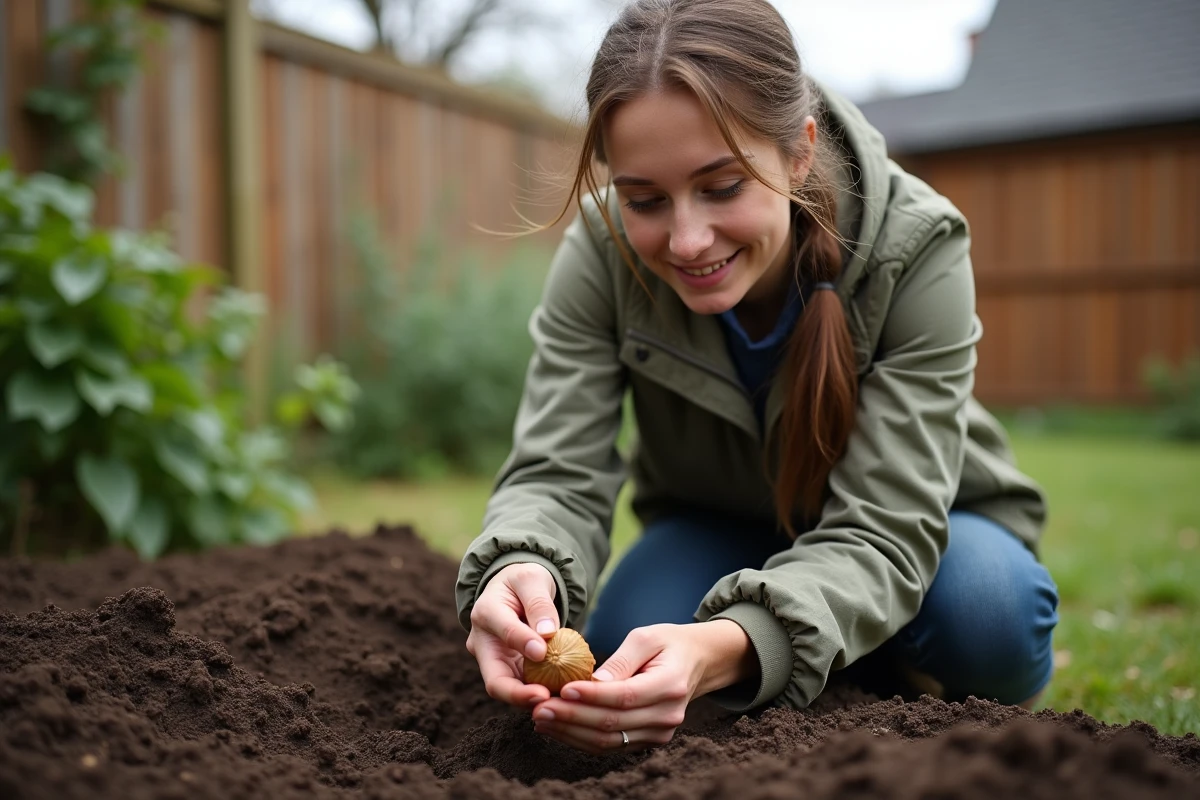 Femme plantant un jeune noyer dans le jardin