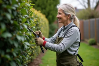 Femme en jardin taillant un laurier avec précision