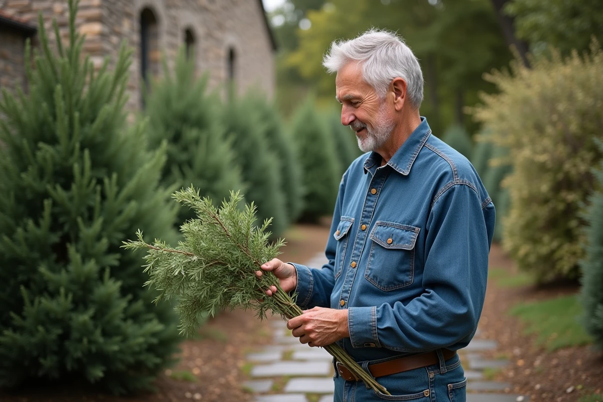 Homme examinant des branches de laurier fraîchement coupées