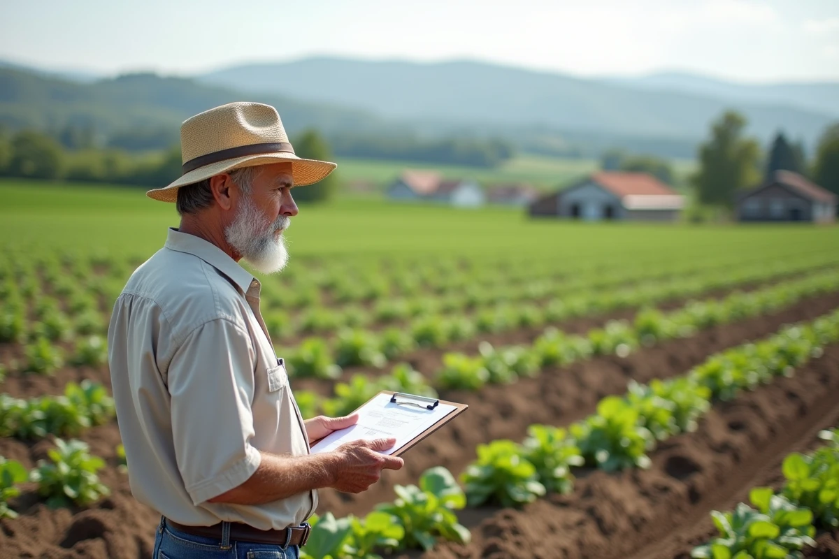 Homme observant un champ avec cultures variées et rotation des cultures