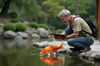 Homme d'âge moyen inspectant un koi dans un jardin japonais