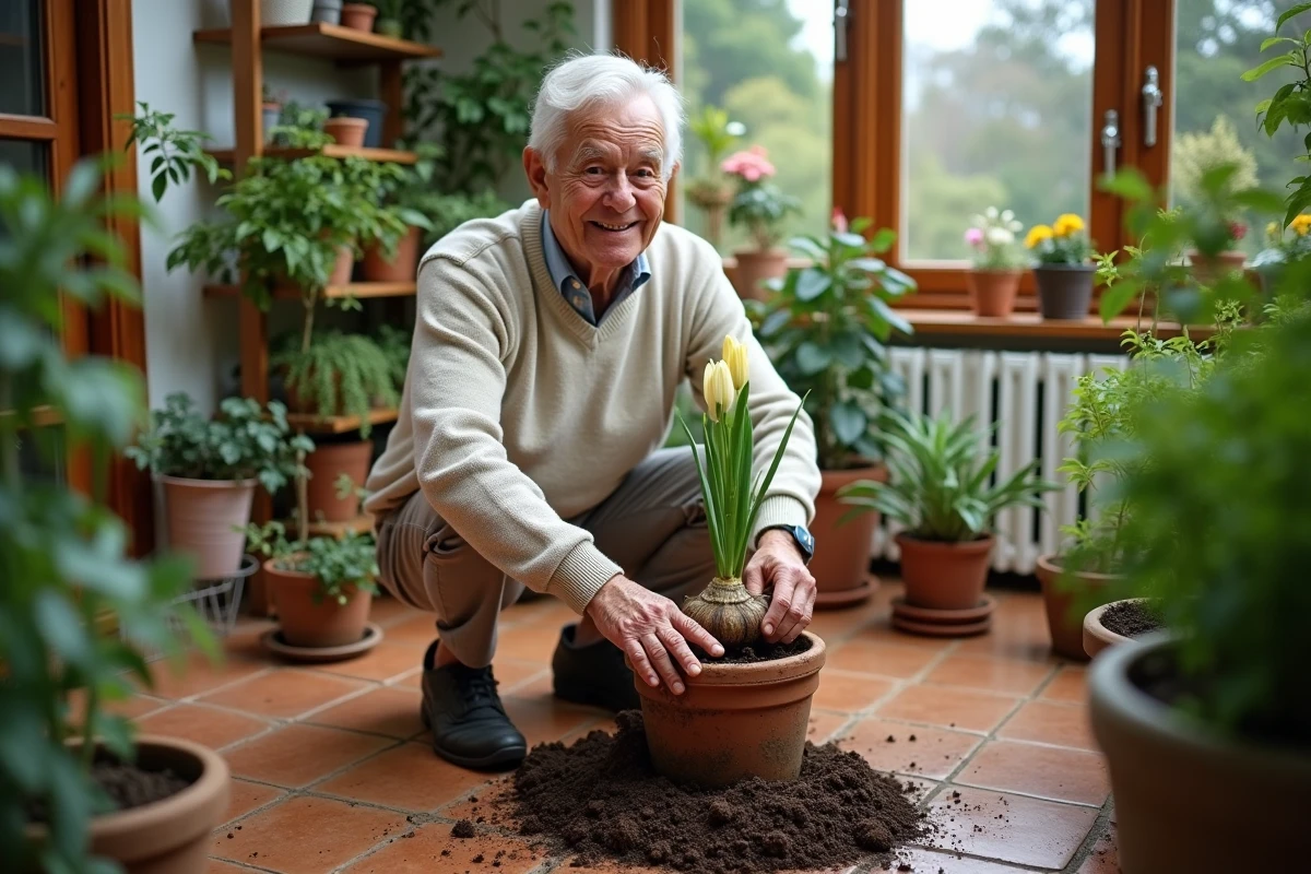 Homme âgé manipulant un bulbe de lys dans une serre lumineuse