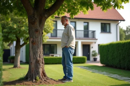 Homme regardant un arbre malade dans son jardin