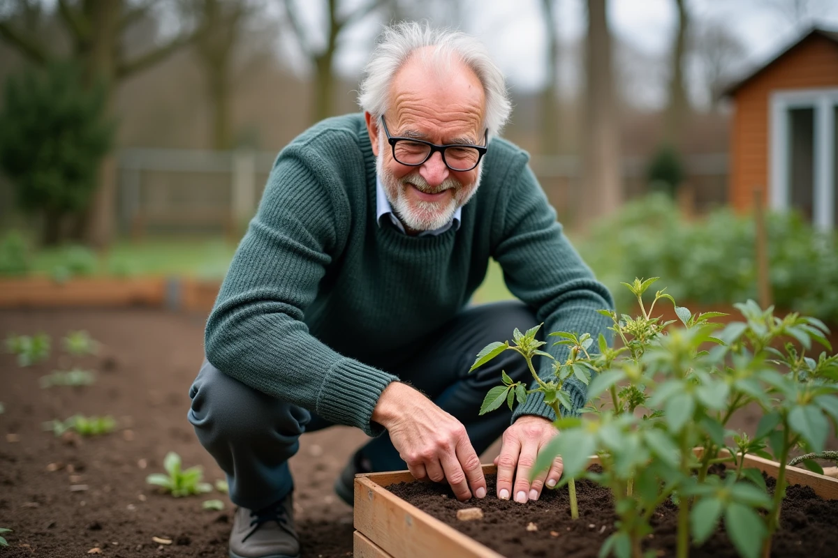 Homme âgé transplantant des plants de tomates dans le jardin