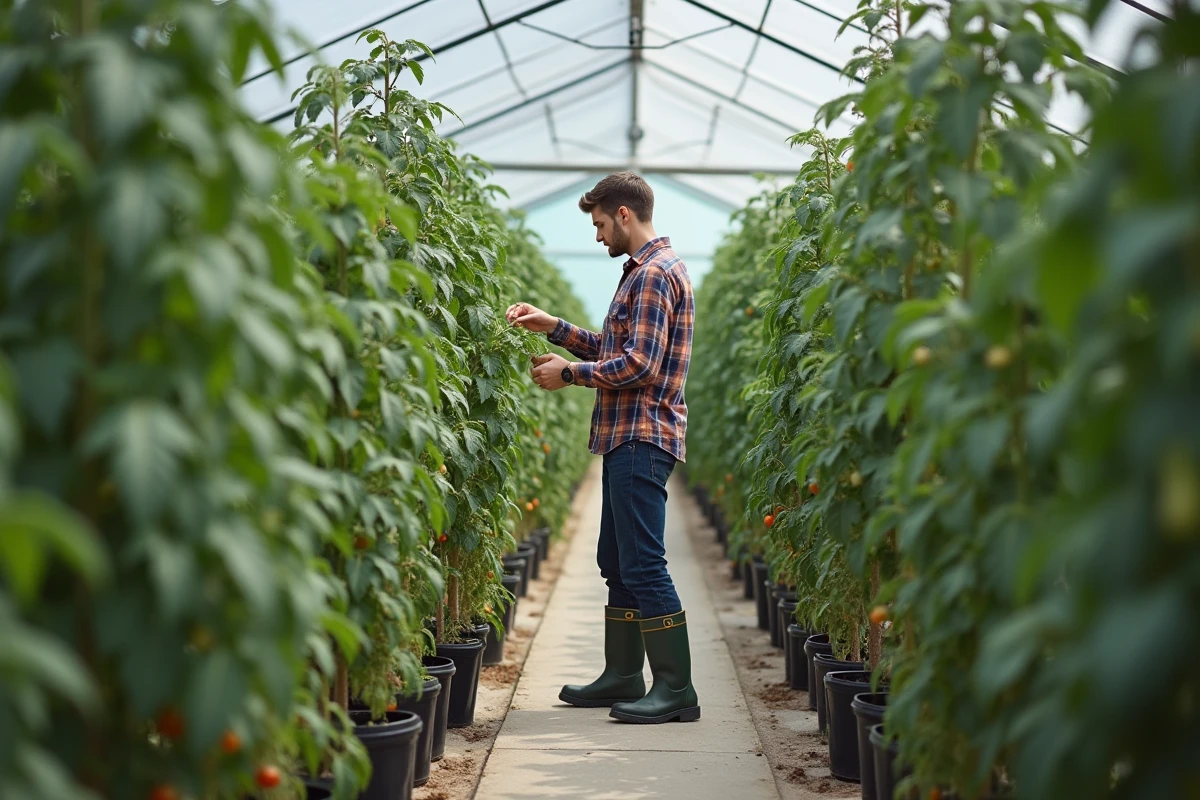 Jeune homme inspectant les plants de tomate en serre