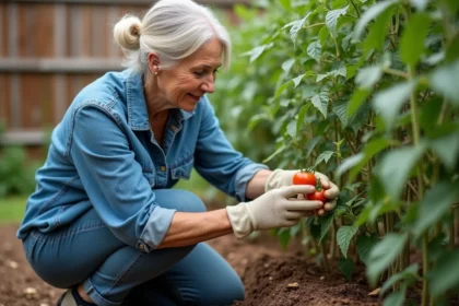 Femme jardinant et pinçant des gourmands de tomate