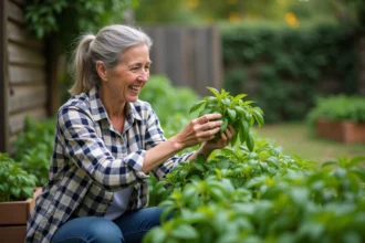 Femme jardinant avec basilic dans un jardin extérieur