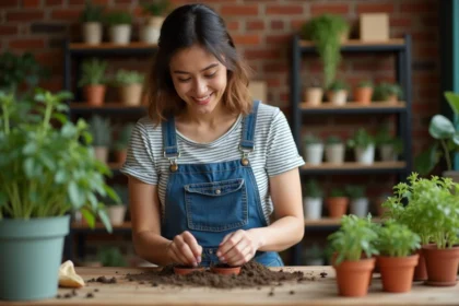 Jeune femme en overalls semant des graines de tomates