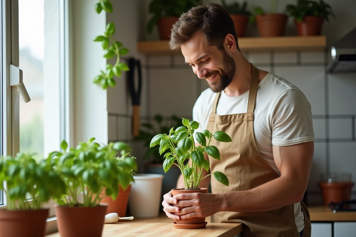 Jeune homme taillant un basilic en cuisine intérieure