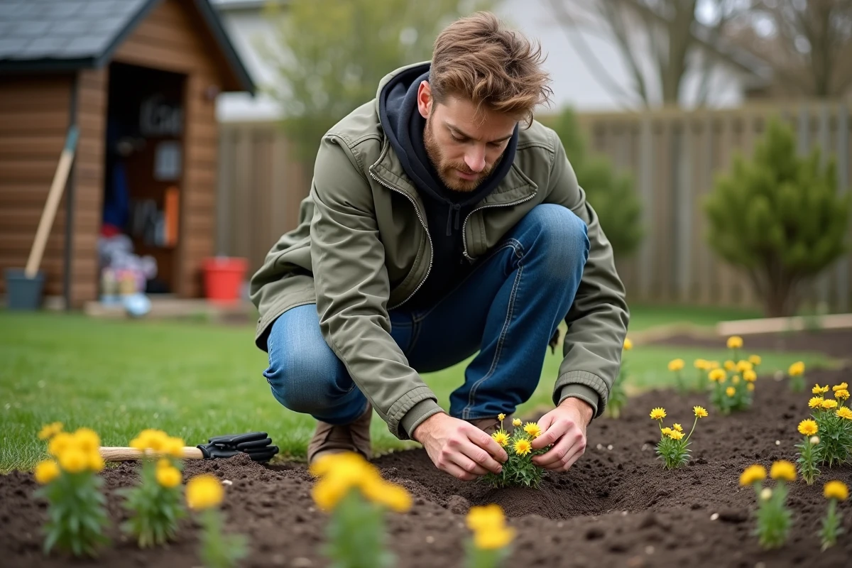 Jeune homme plantant des muguets dans le jardin